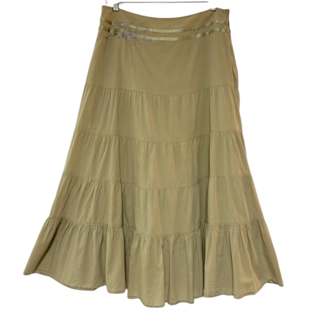 LARDINI Laura Lardini Embroider Olive Green Midi‎ Poplin Tiered Broomstick Skirt